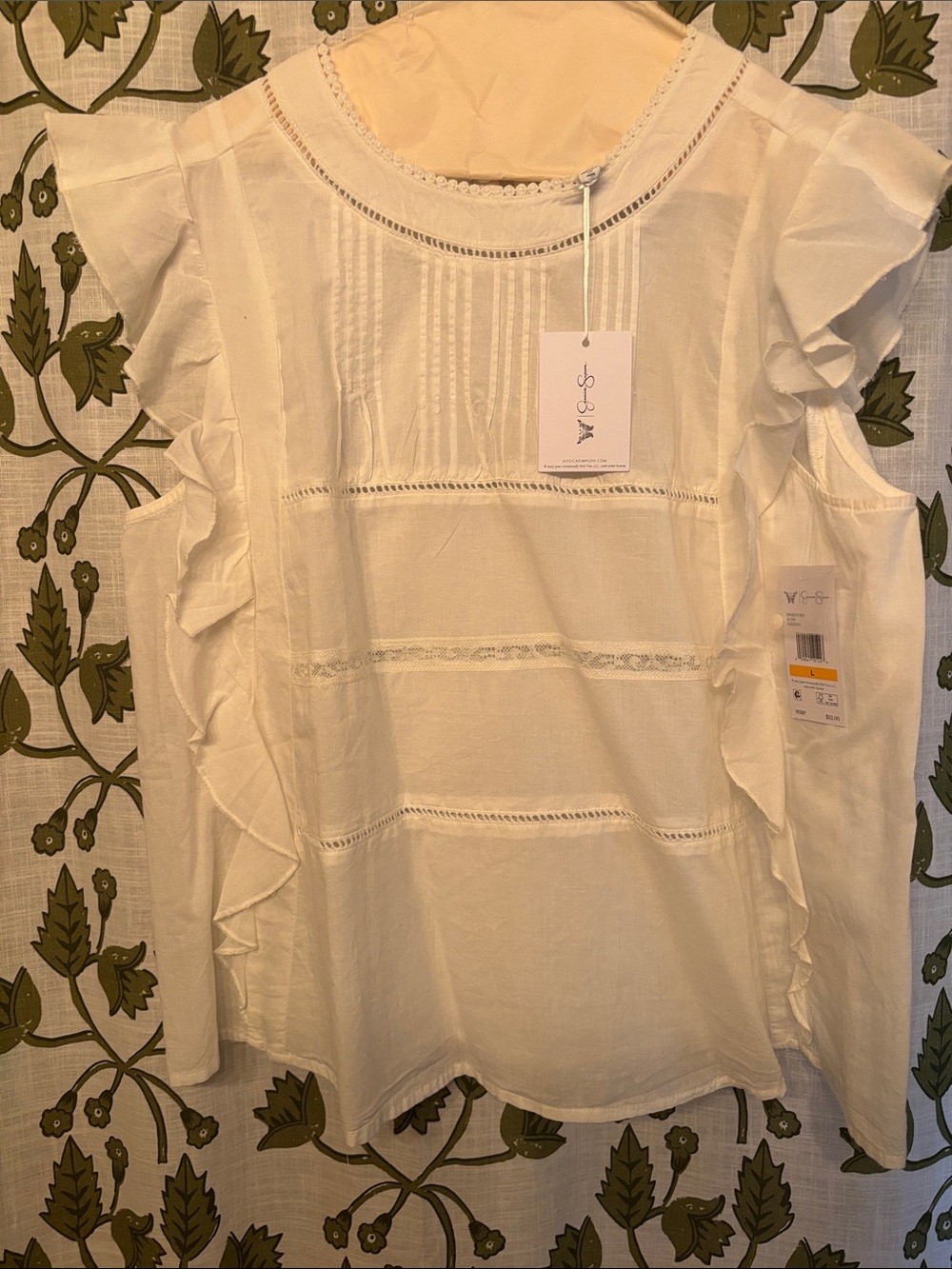 Jessica Simpson Cream Ruffle Sleeve Lace-Trim Blouse